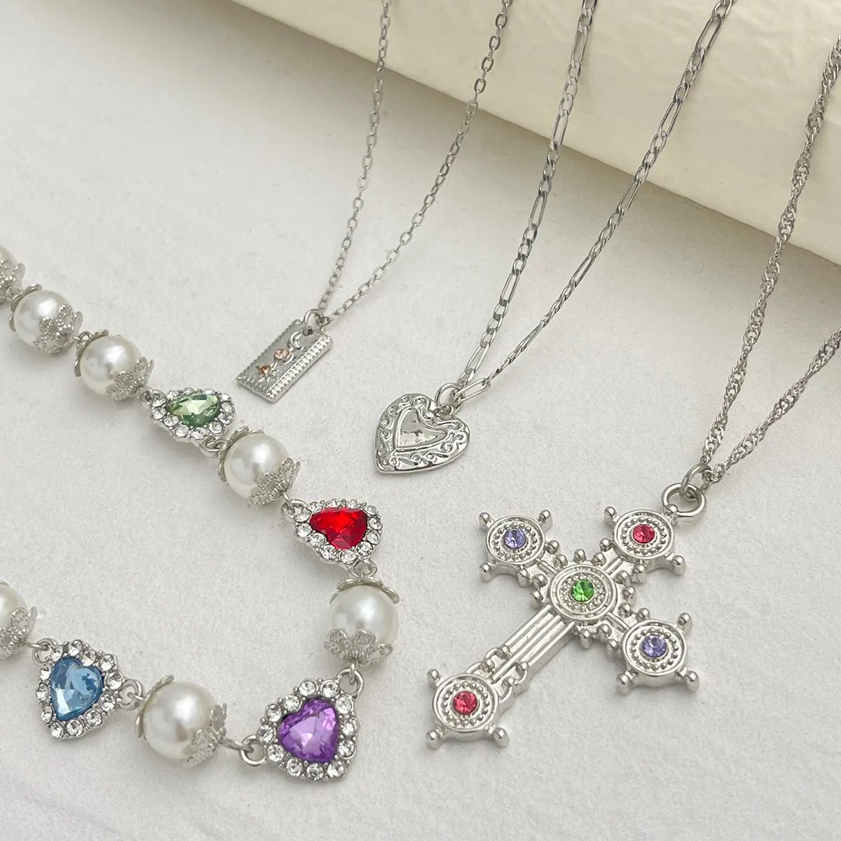 Sliver Multi-Layer Pearl & Crystal Cross Necklace