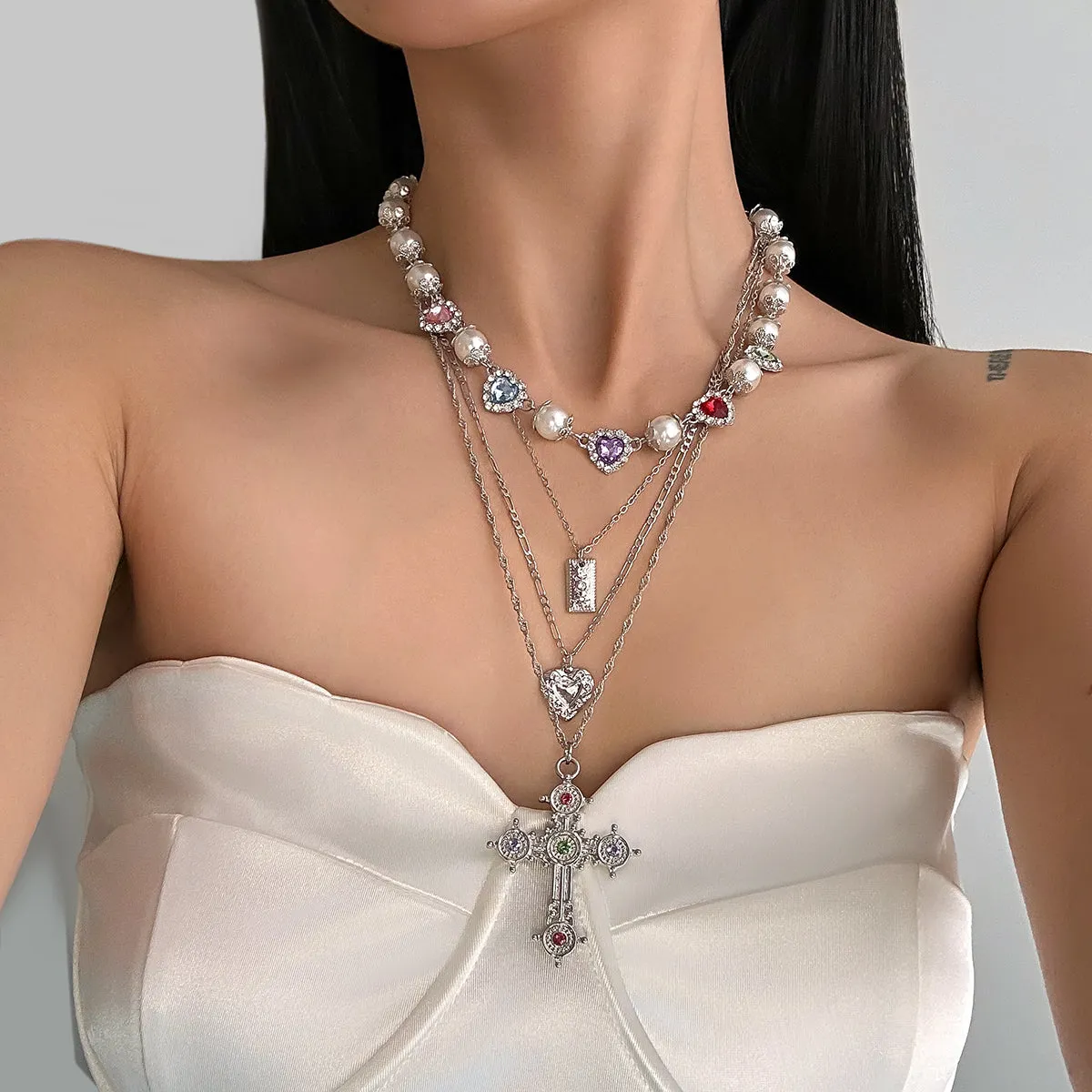 Sliver Multi-Layer Pearl & Crystal Cross Necklace