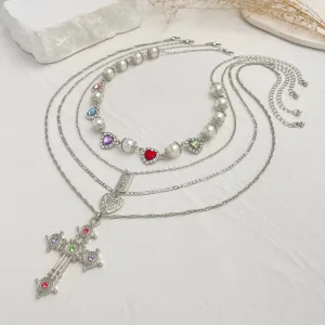 Sliver Multi-Layer Pearl & Crystal Cross Necklace