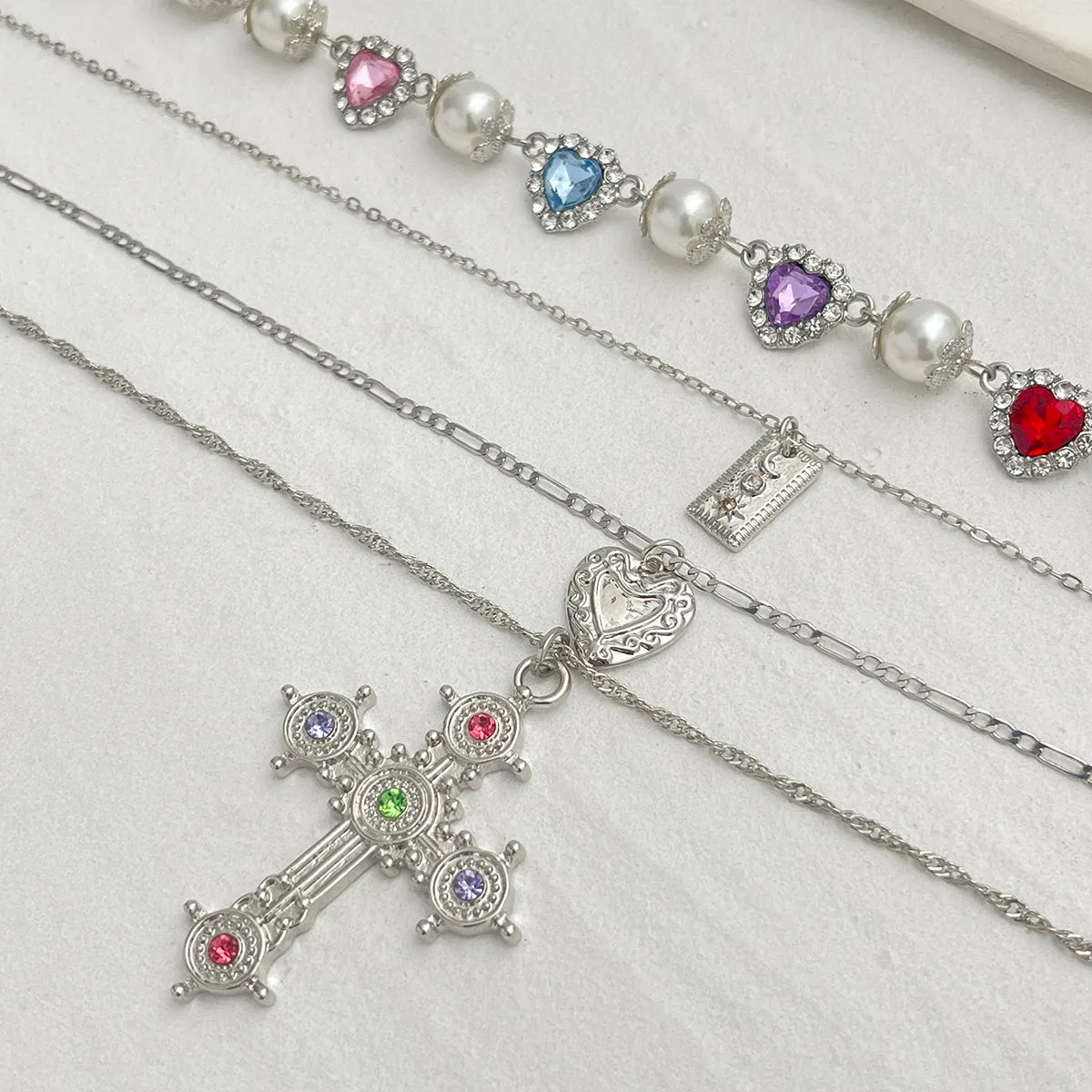 Sliver Multi-Layer Pearl & Crystal Cross Necklace