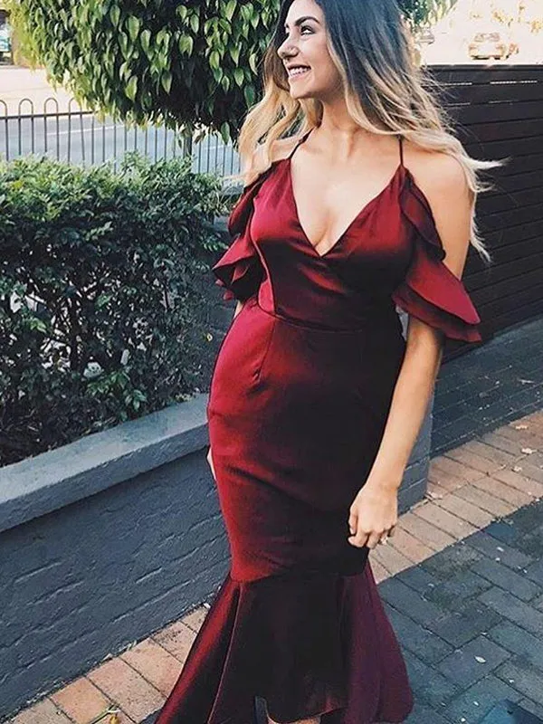Smoothy Halter Burgundy Mermaid Asymetric Tea-length Bridesmaid Dress, BD3141