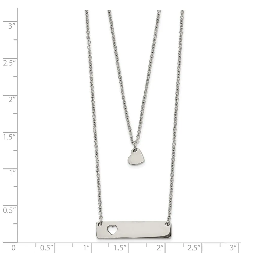 Stainless Steel Polished Heart and Bar Multi Strand 1.5in ext Necklace