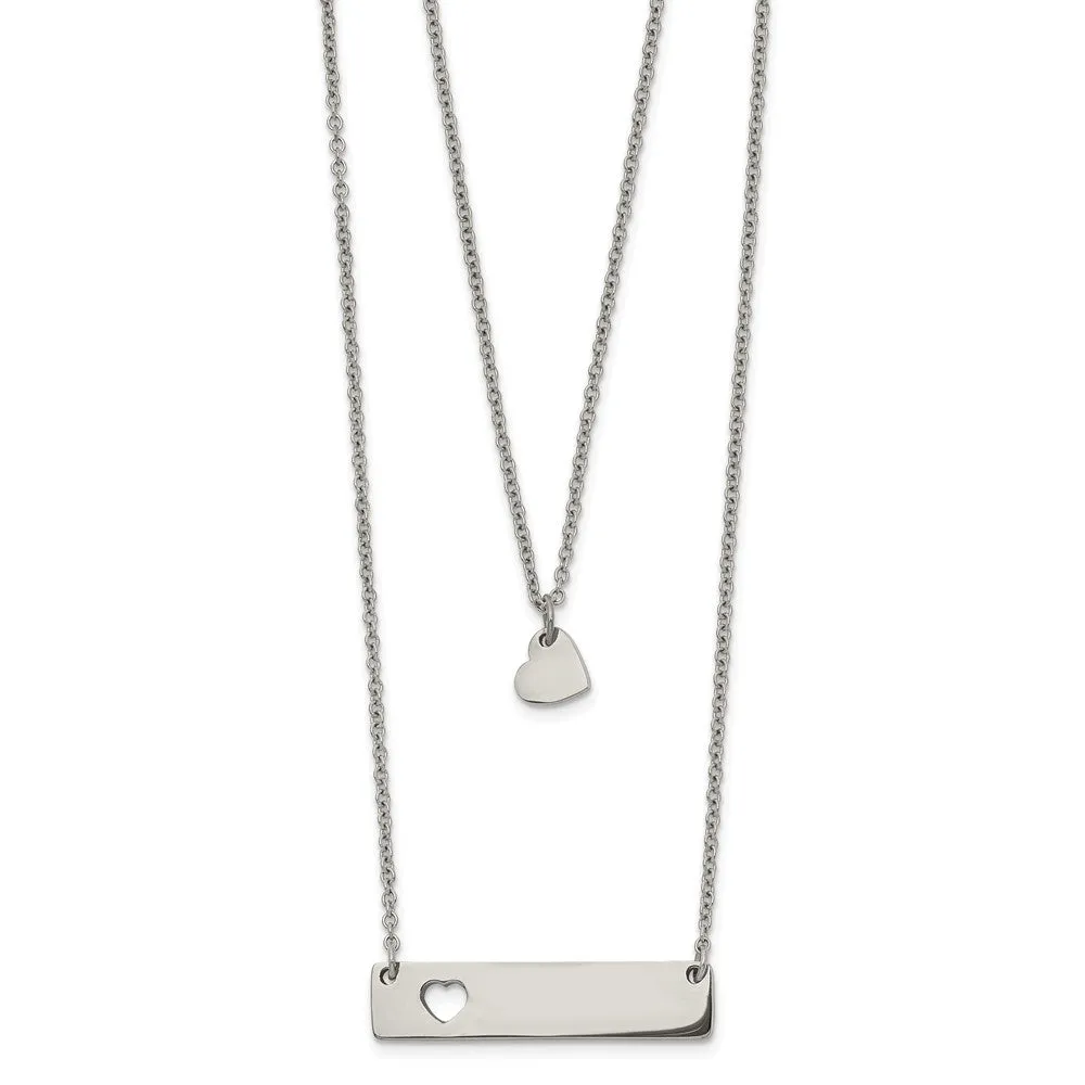 Stainless Steel Polished Heart and Bar Multi Strand 1.5in ext Necklace