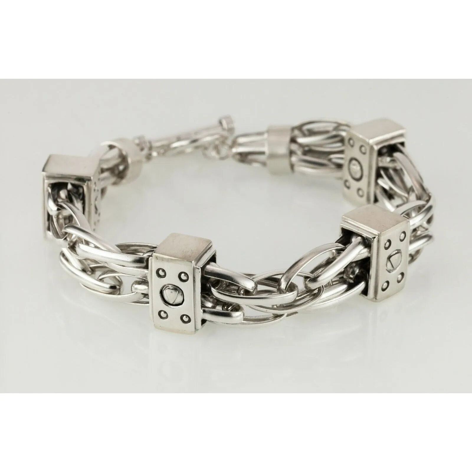 Sterling Silver Chunky Double Strand Unique Chain Bracelet w/ Toggle Clasp 72 g