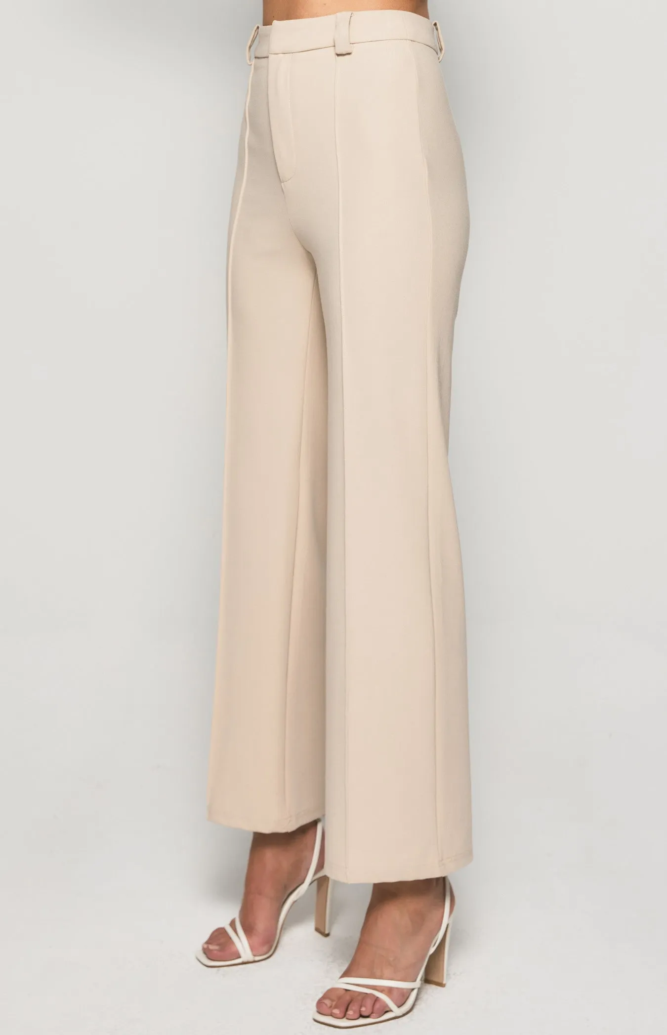 STRETCH FABRIC HIGH WAISTED WIDE LEG PANTS