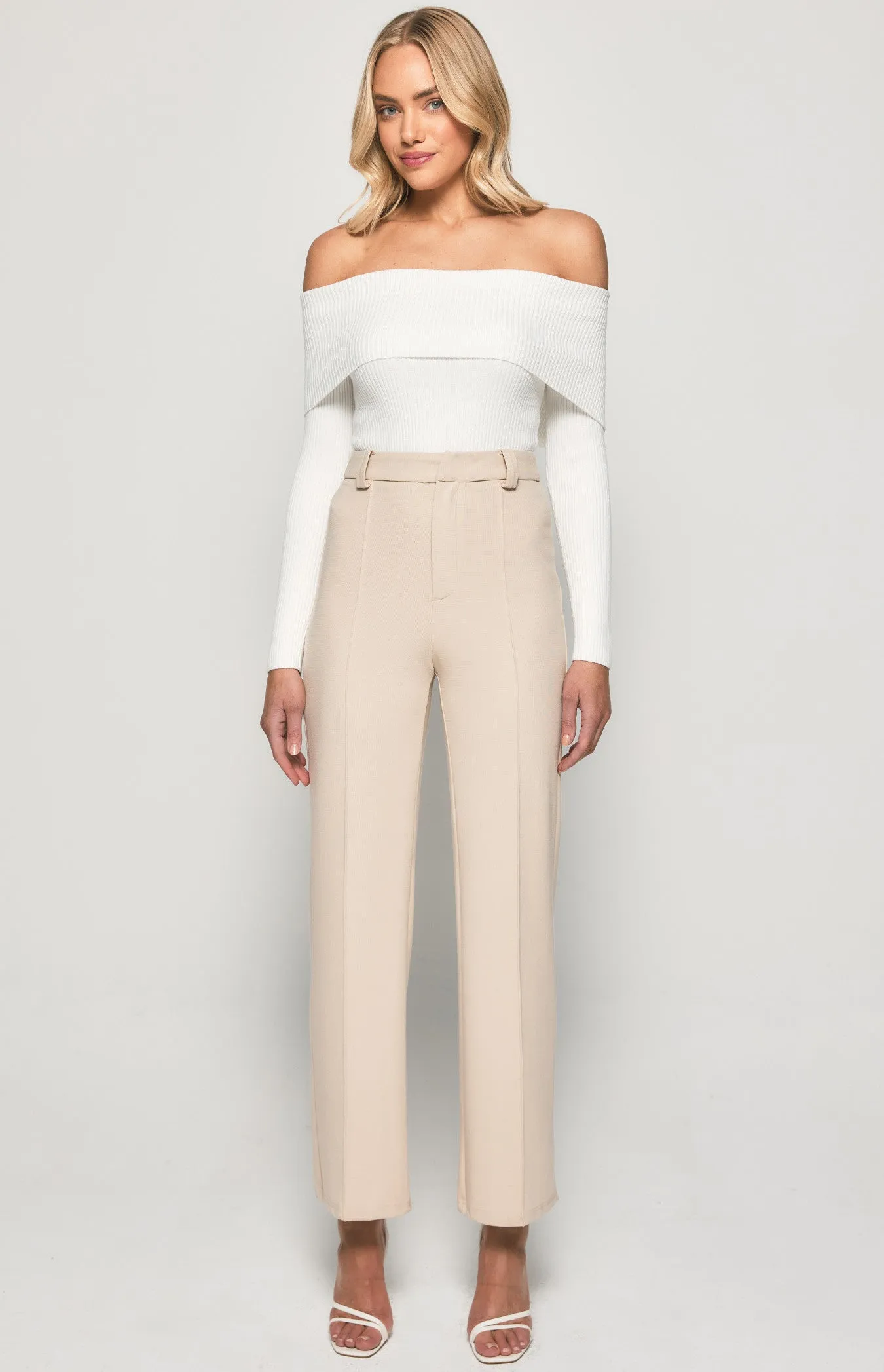 STRETCH FABRIC HIGH WAISTED WIDE LEG PANTS