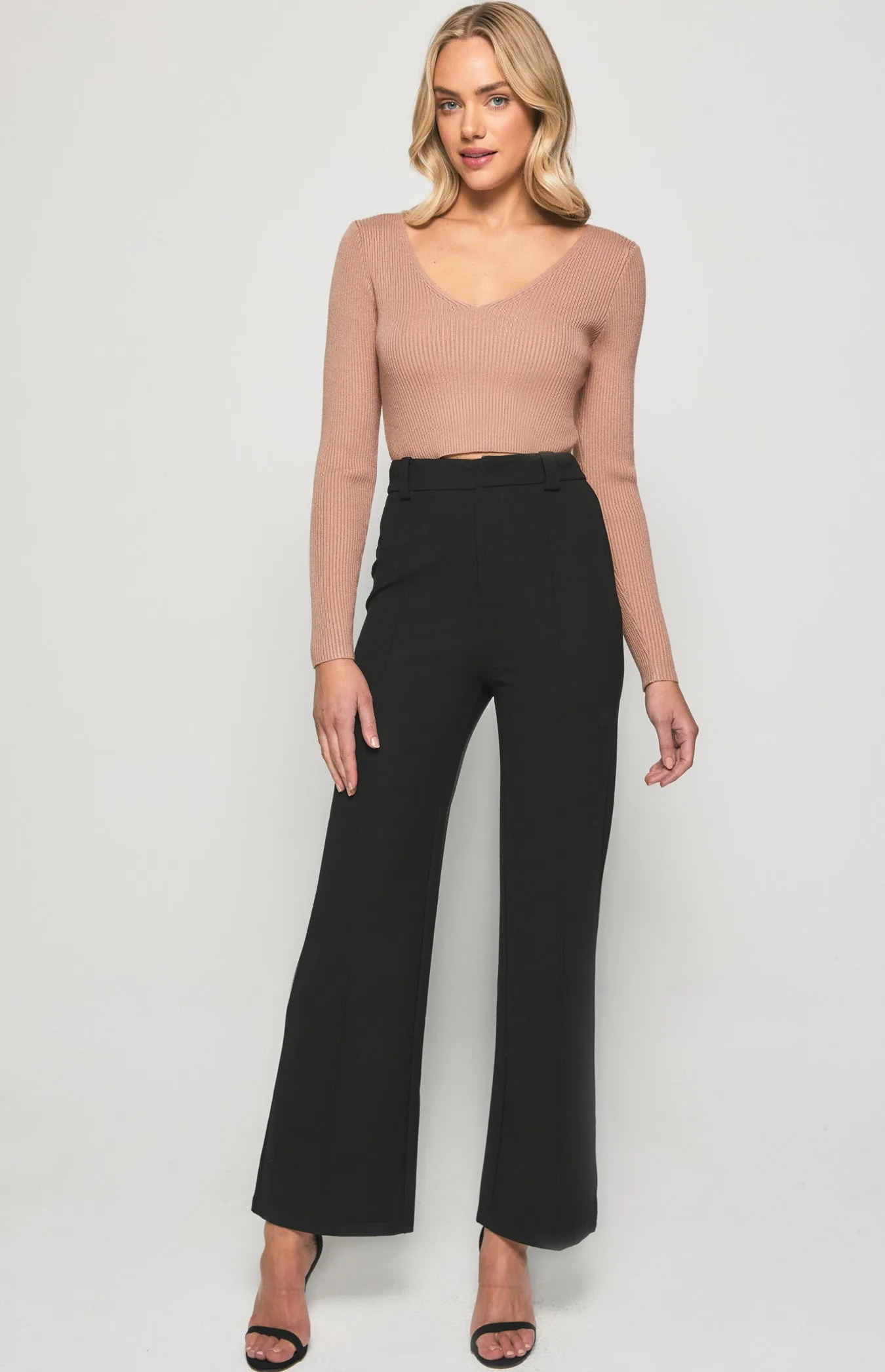 STRETCH FABRIC HIGH WAISTED WIDE LEG PANTS