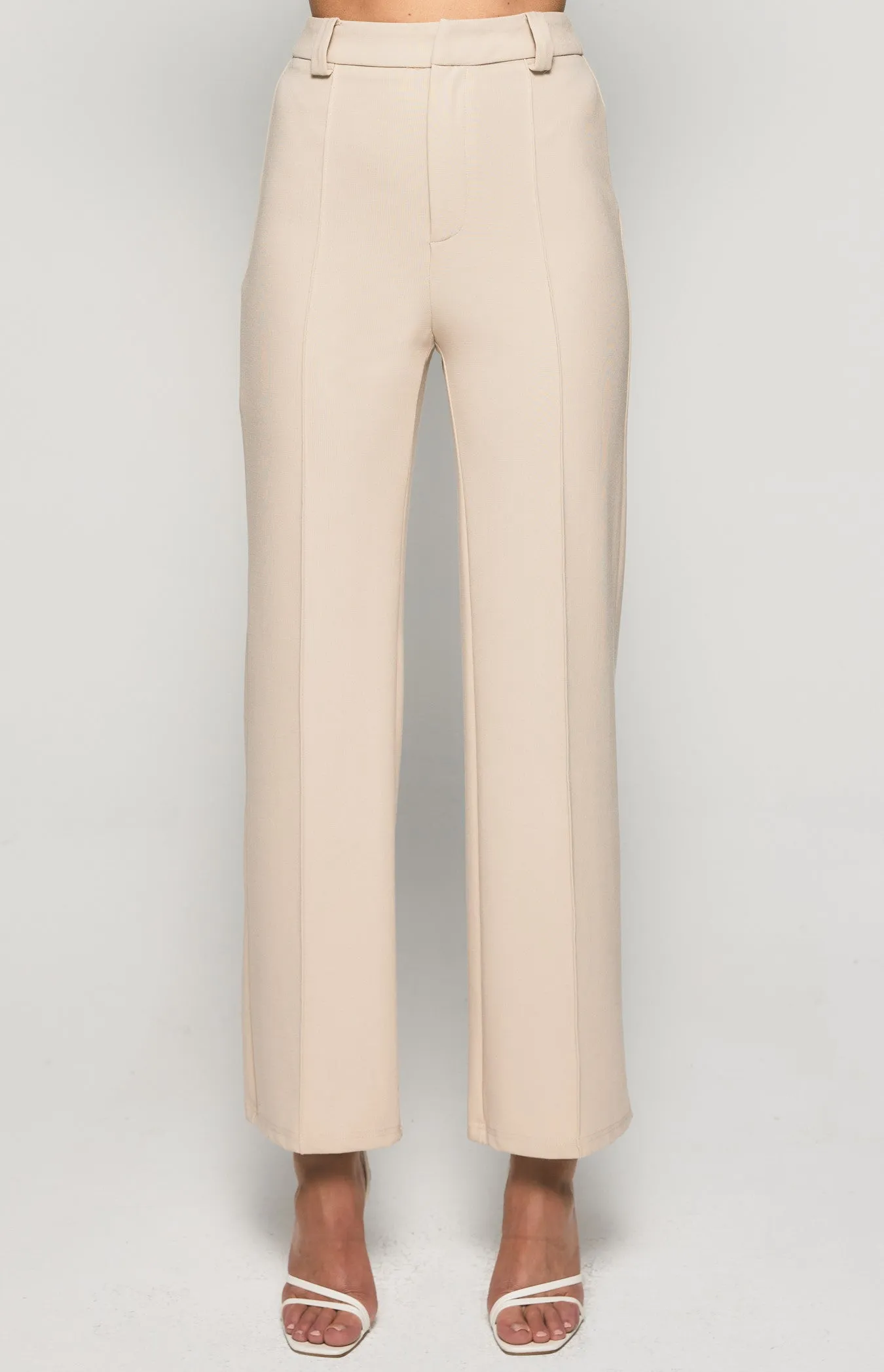 STRETCH FABRIC HIGH WAISTED WIDE LEG PANTS