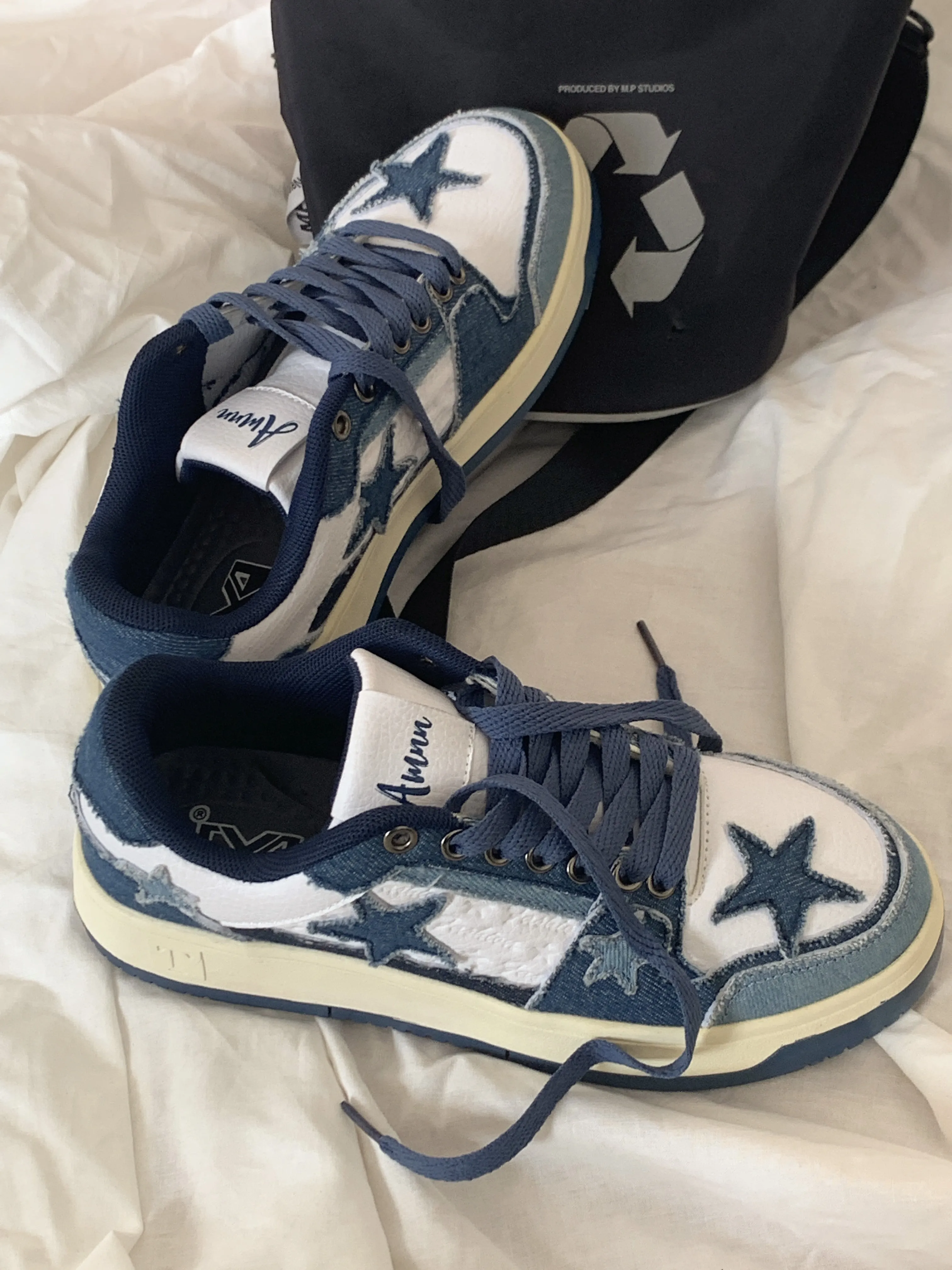 Superstar-100 Denim Blue Star Patchwork Flat Sneakers