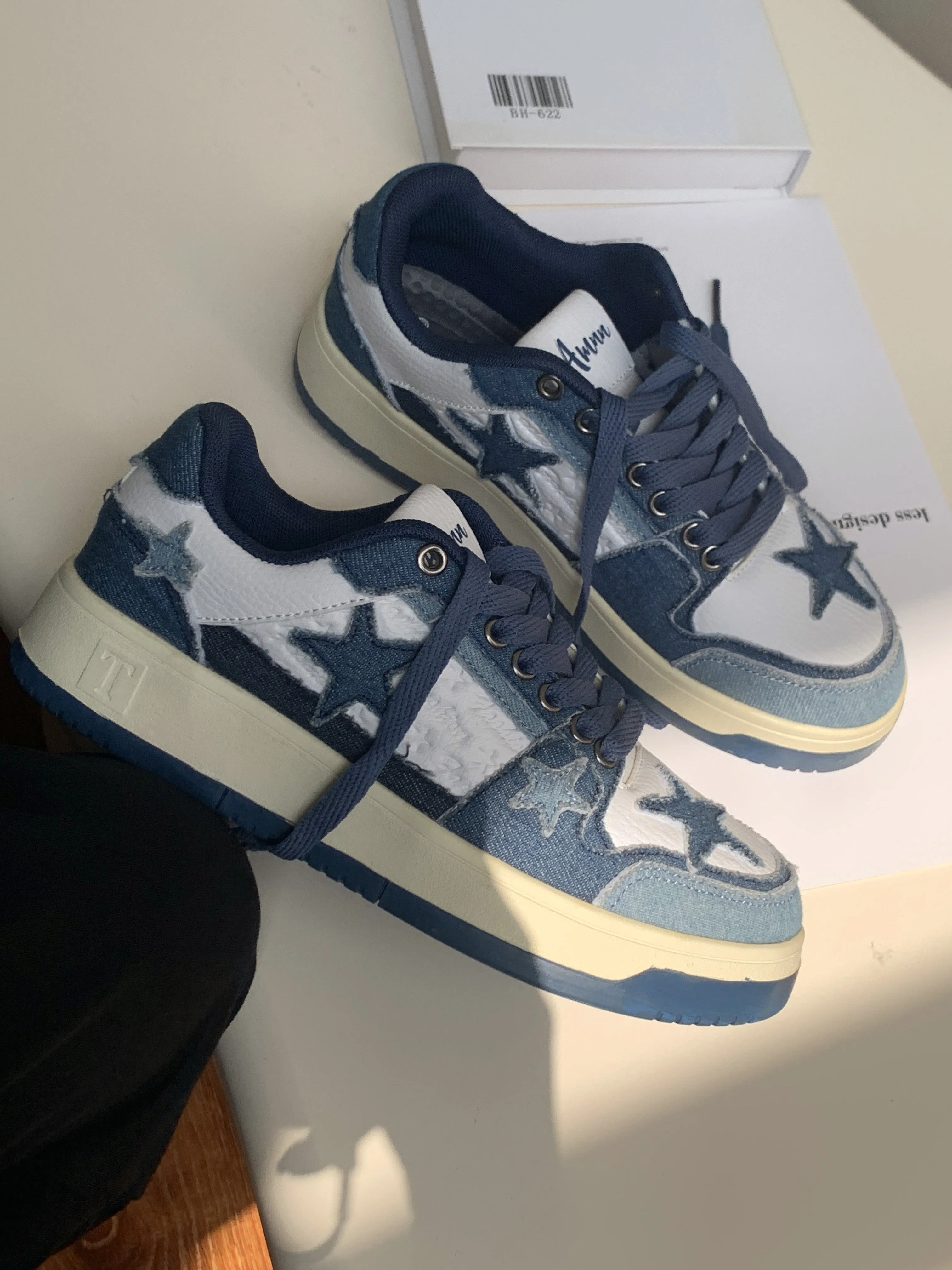 Superstar-100 Denim Blue Star Patchwork Flat Sneakers