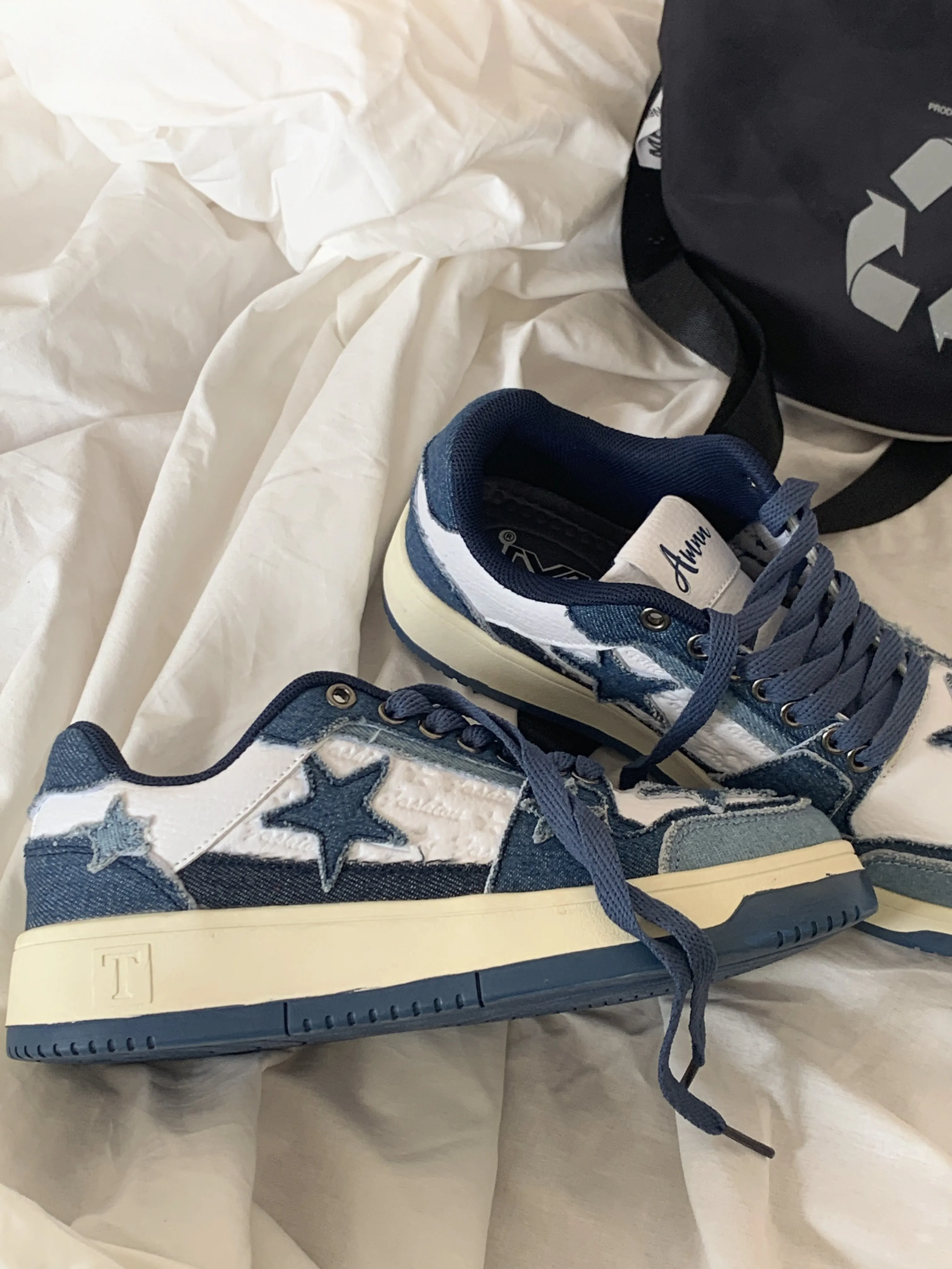 Superstar-100 Denim Blue Star Patchwork Flat Sneakers