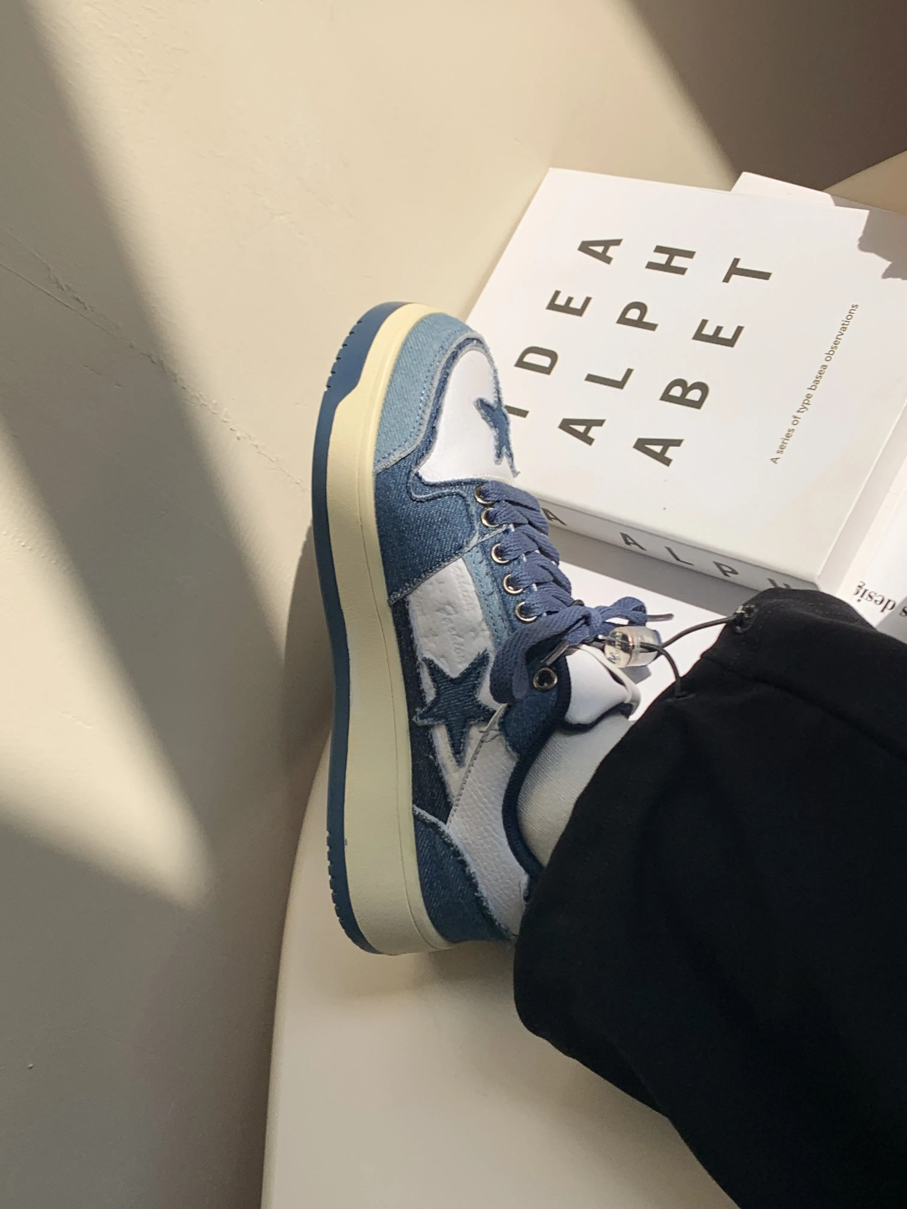 Superstar-100 Denim Blue Star Patchwork Flat Sneakers
