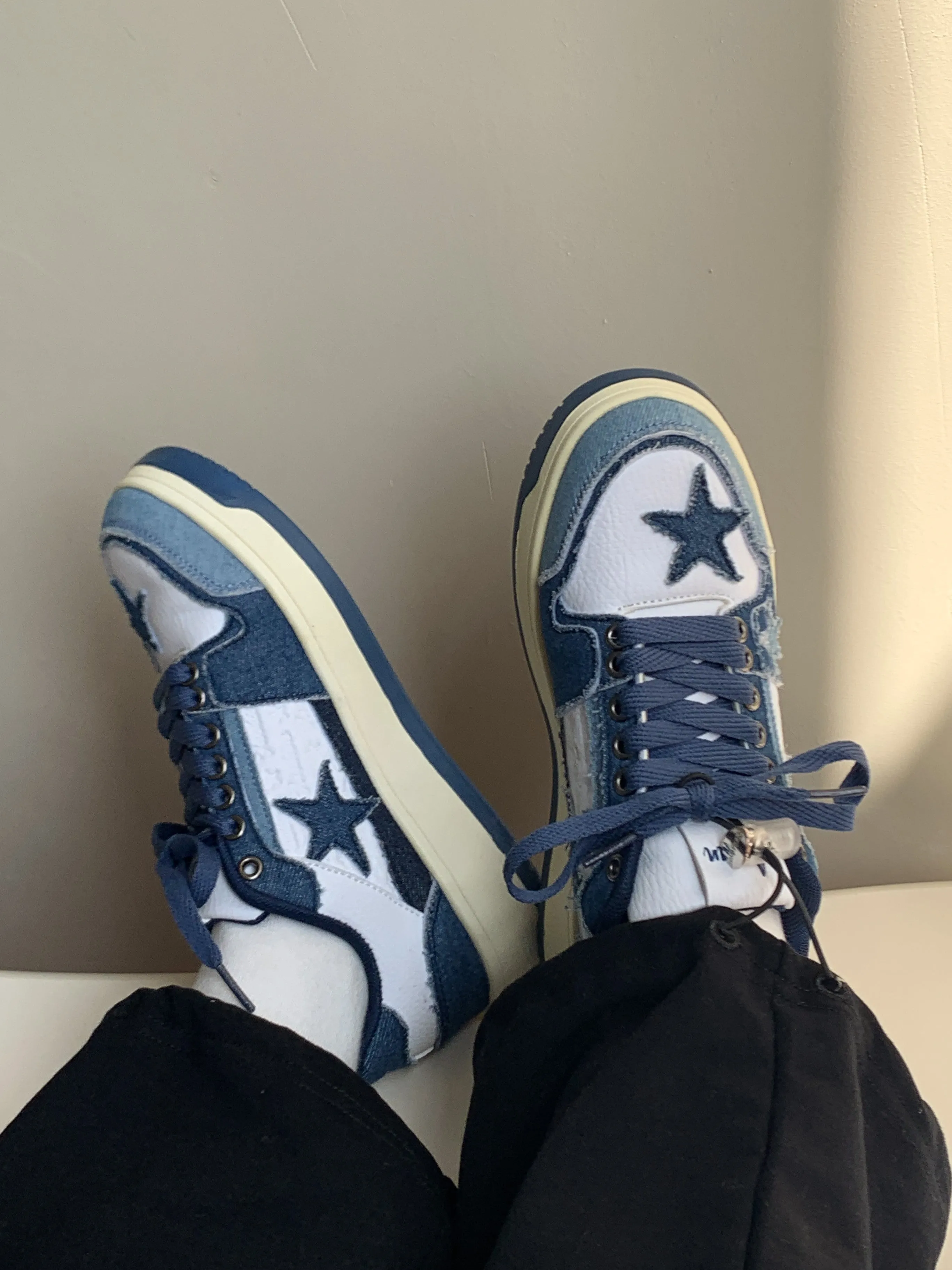 Superstar-100 Denim Blue Star Patchwork Flat Sneakers