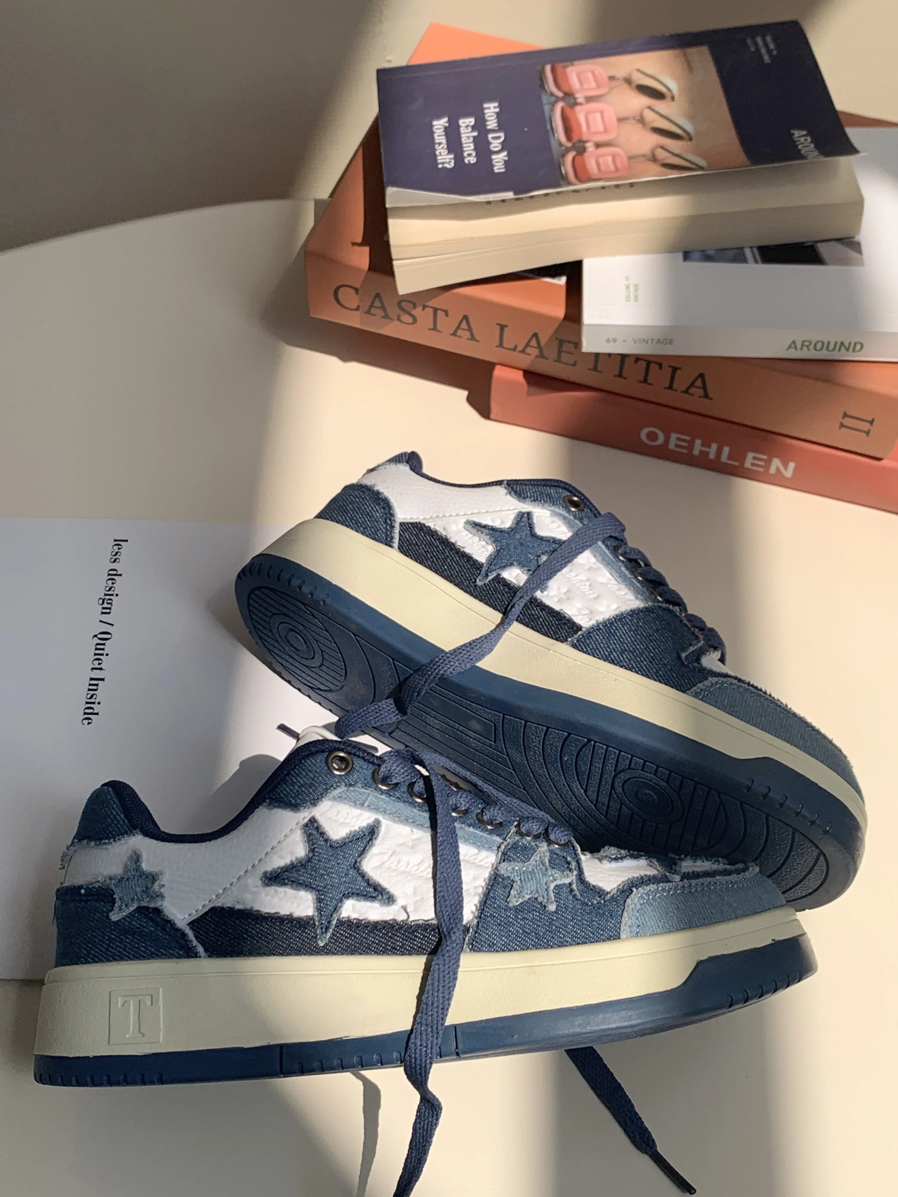 Superstar-100 Denim Blue Star Patchwork Flat Sneakers