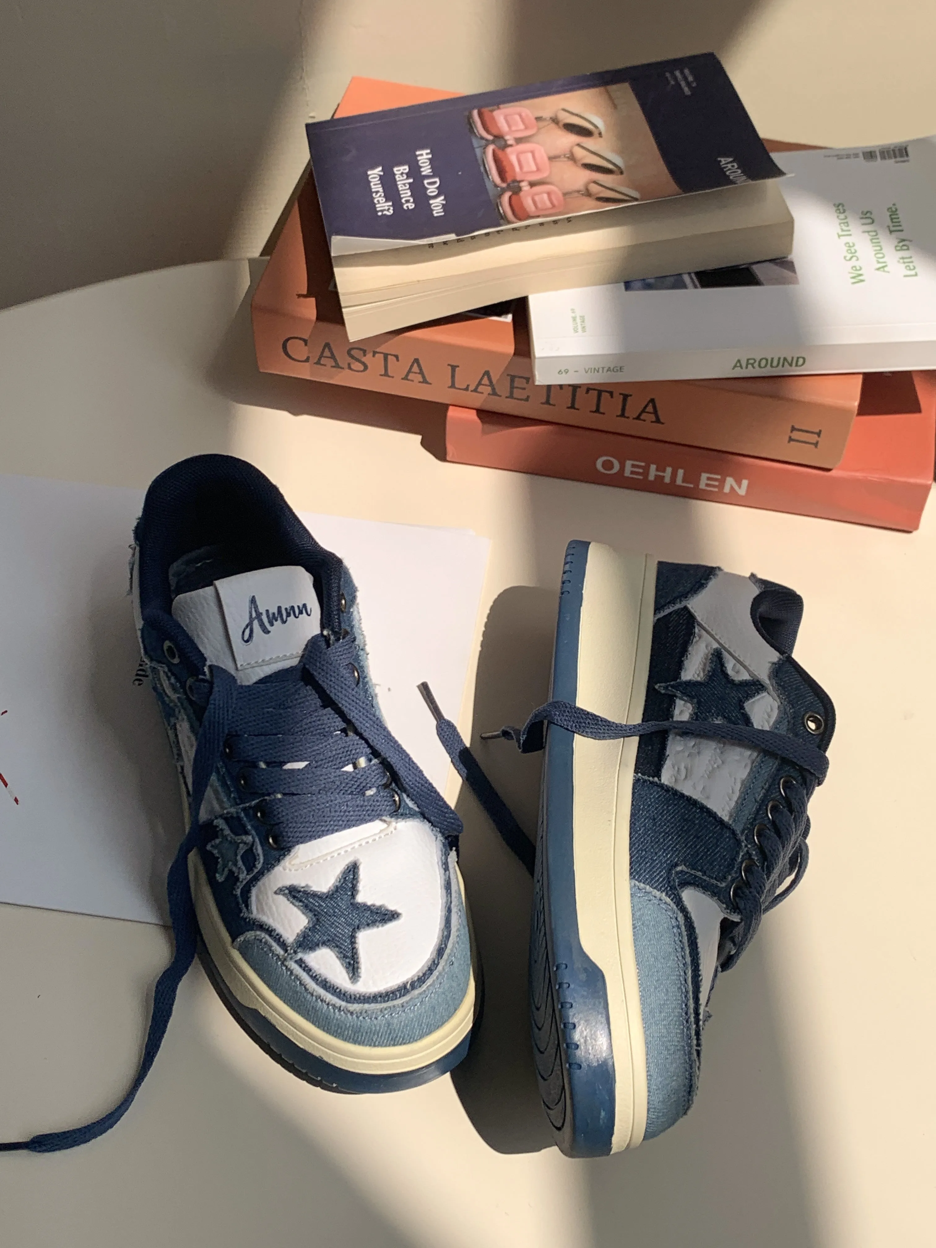 Superstar-100 Denim Blue Star Patchwork Flat Sneakers