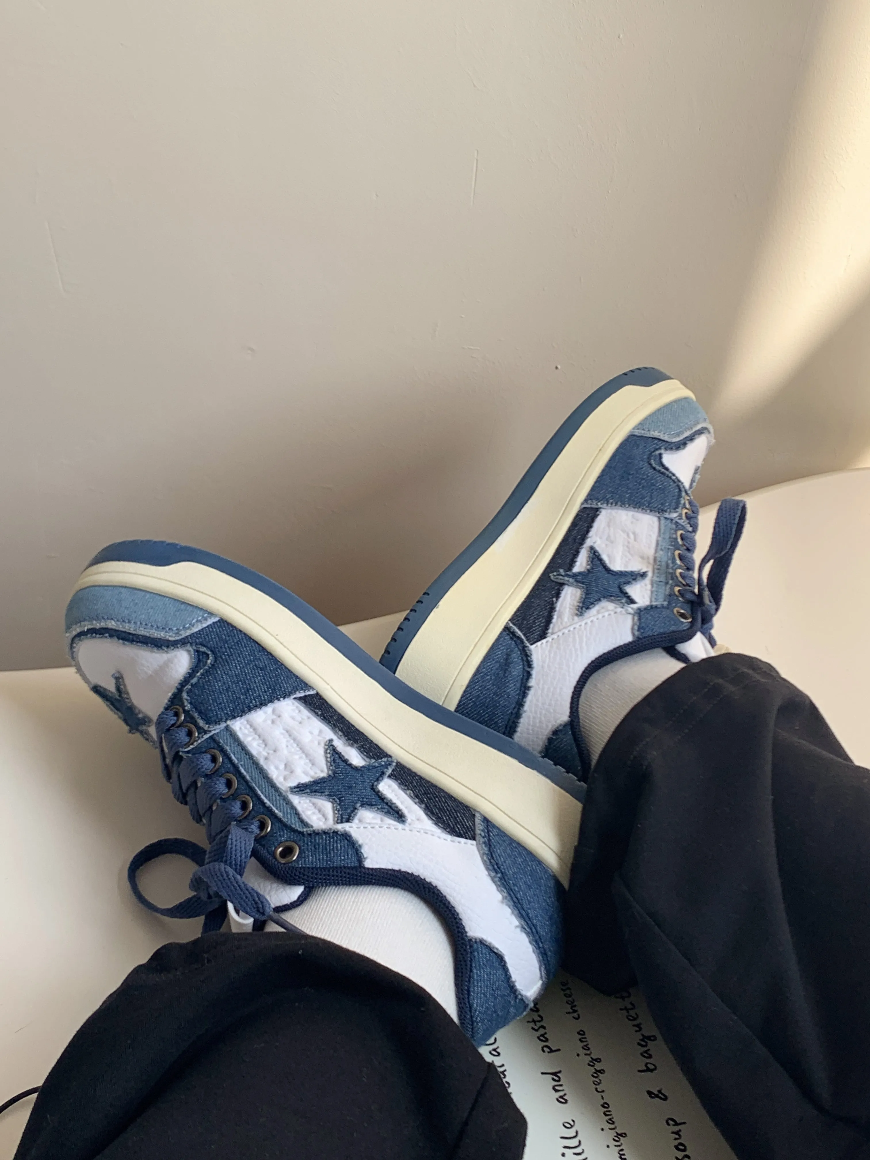 Superstar-100 Denim Blue Star Patchwork Flat Sneakers