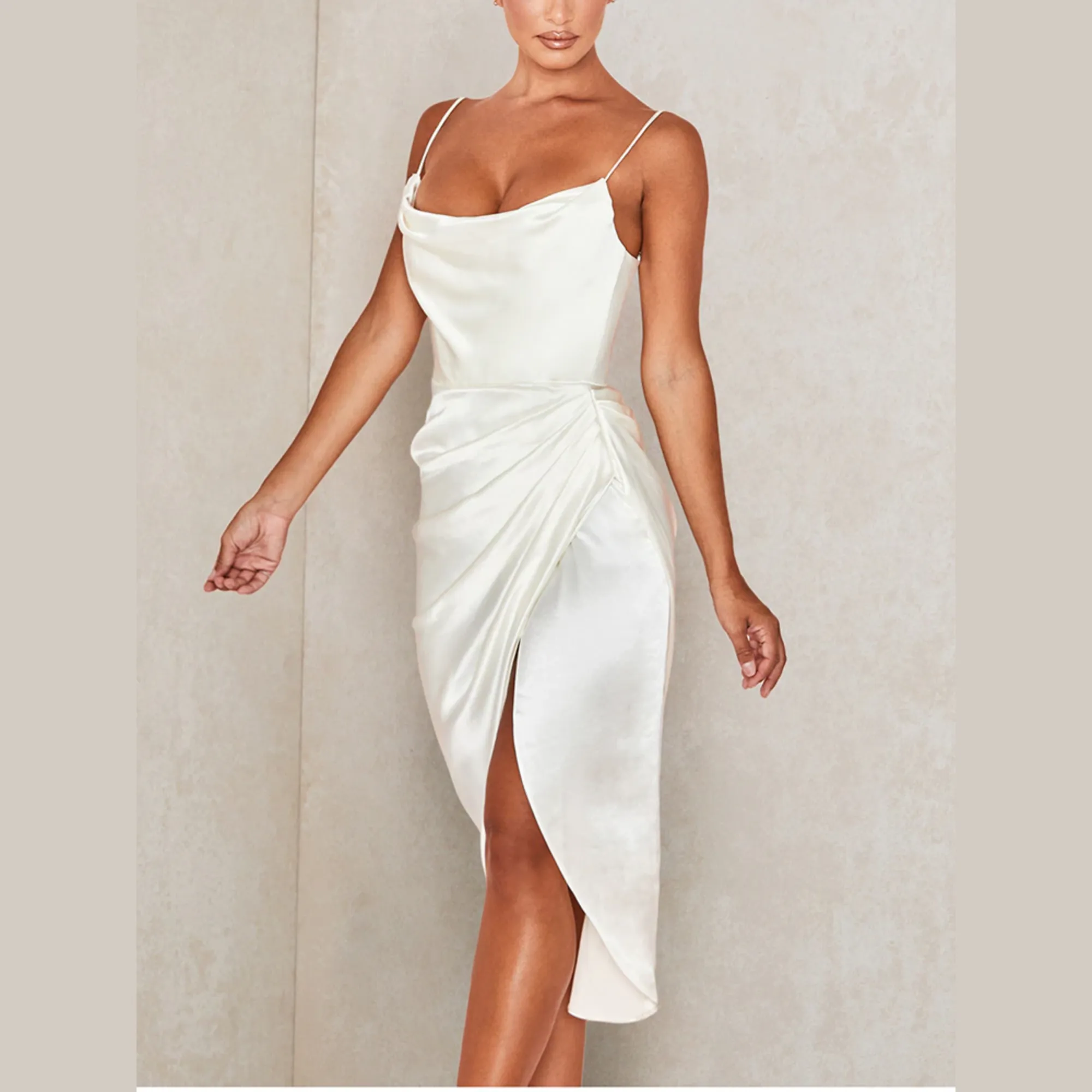 Tammy - White Satin Draped Split Midi Dress