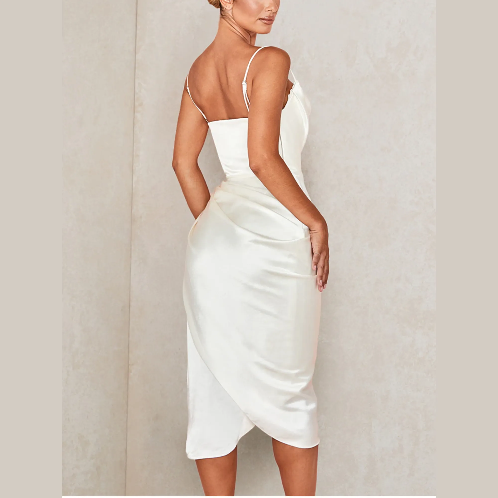 Tammy - White Satin Draped Split Midi Dress