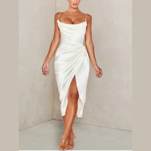 Tammy - White Satin Draped Split Midi Dress
