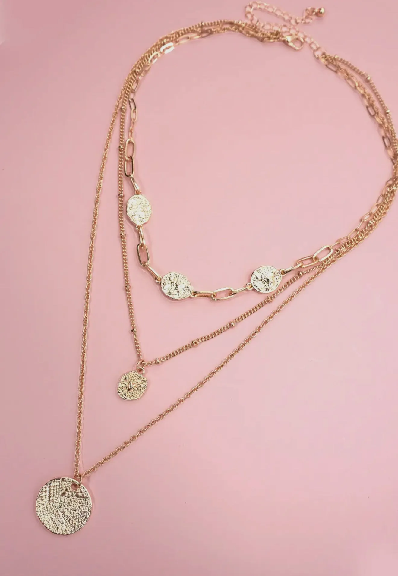 Textured Circle Pendant Multi Layered Necklace