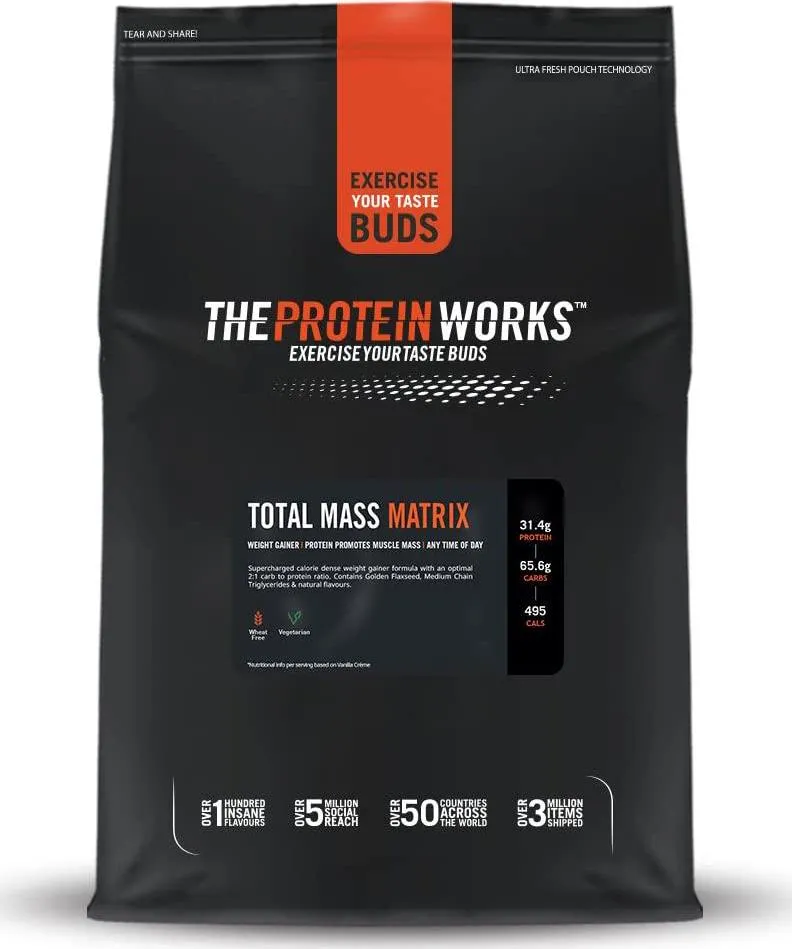 THE PROTEIN WORKS Total Mass Matrix | Mass Gainer | Calorie Dense Weight Gainer | Protein Powder | Banana Smooth | 2 Kg