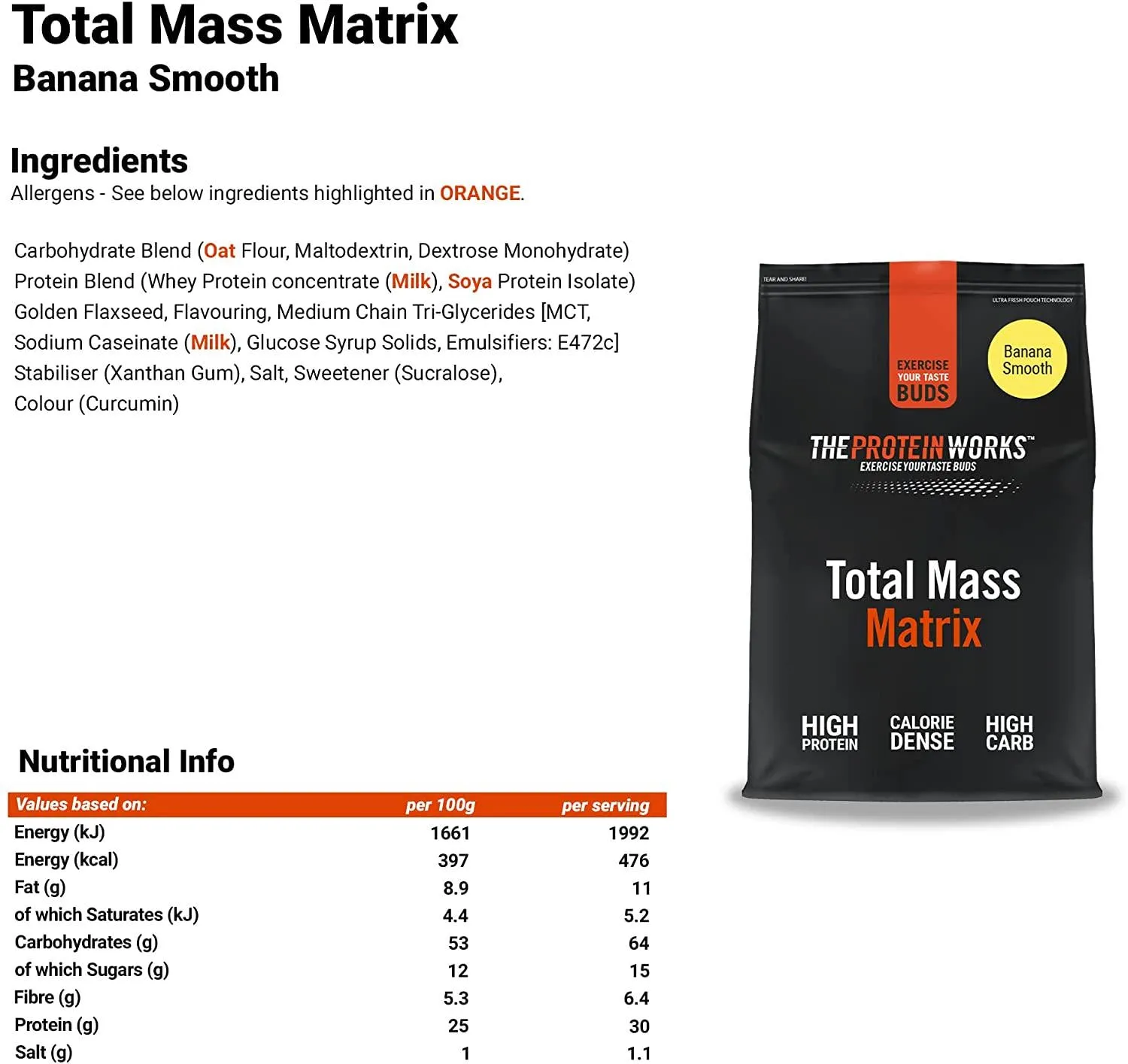 THE PROTEIN WORKS Total Mass Matrix | Mass Gainer | Calorie Dense Weight Gainer | Protein Powder | Banana Smooth | 2 Kg