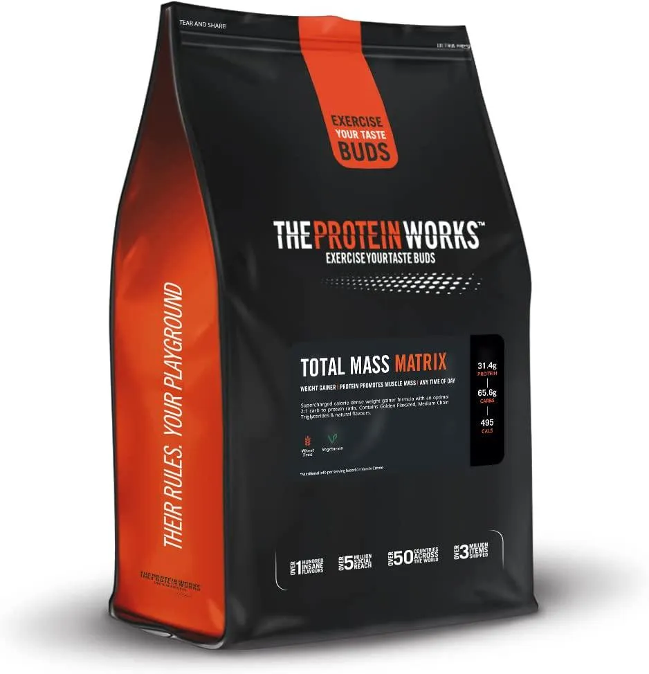 THE PROTEIN WORKS Total Mass Matrix | Mass Gainer | Calorie Dense Weight Gainer | Protein Powder | Banana Smooth | 2 Kg