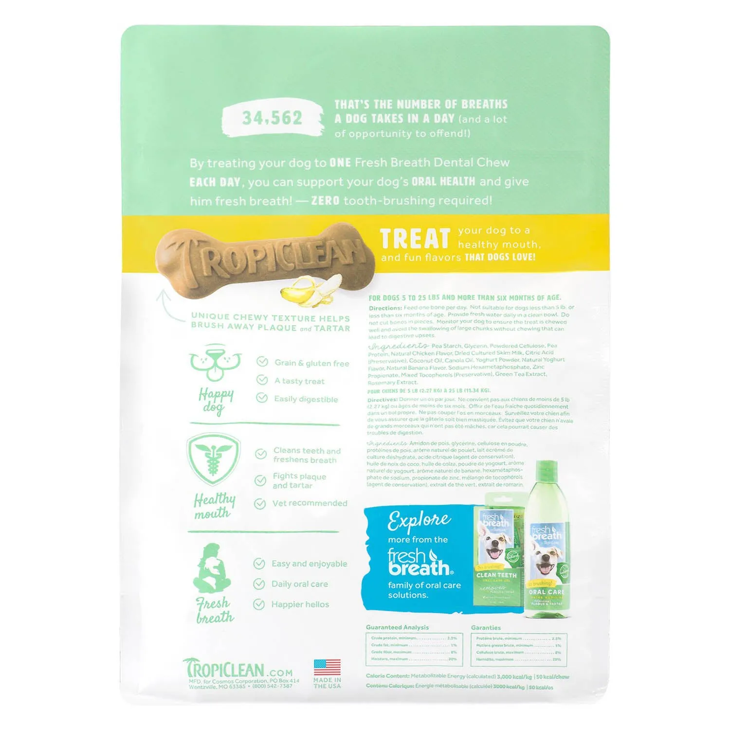 TropiClean Fresh Breath Dental Chew Banana Flavor Dog Treats, 20-count, Small