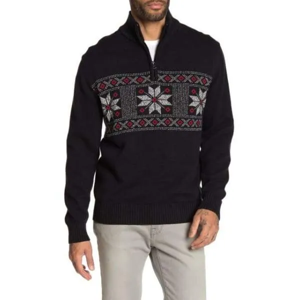 Weatherproof Vintage Men Pullover Snow Flake Quarter Zip-Black