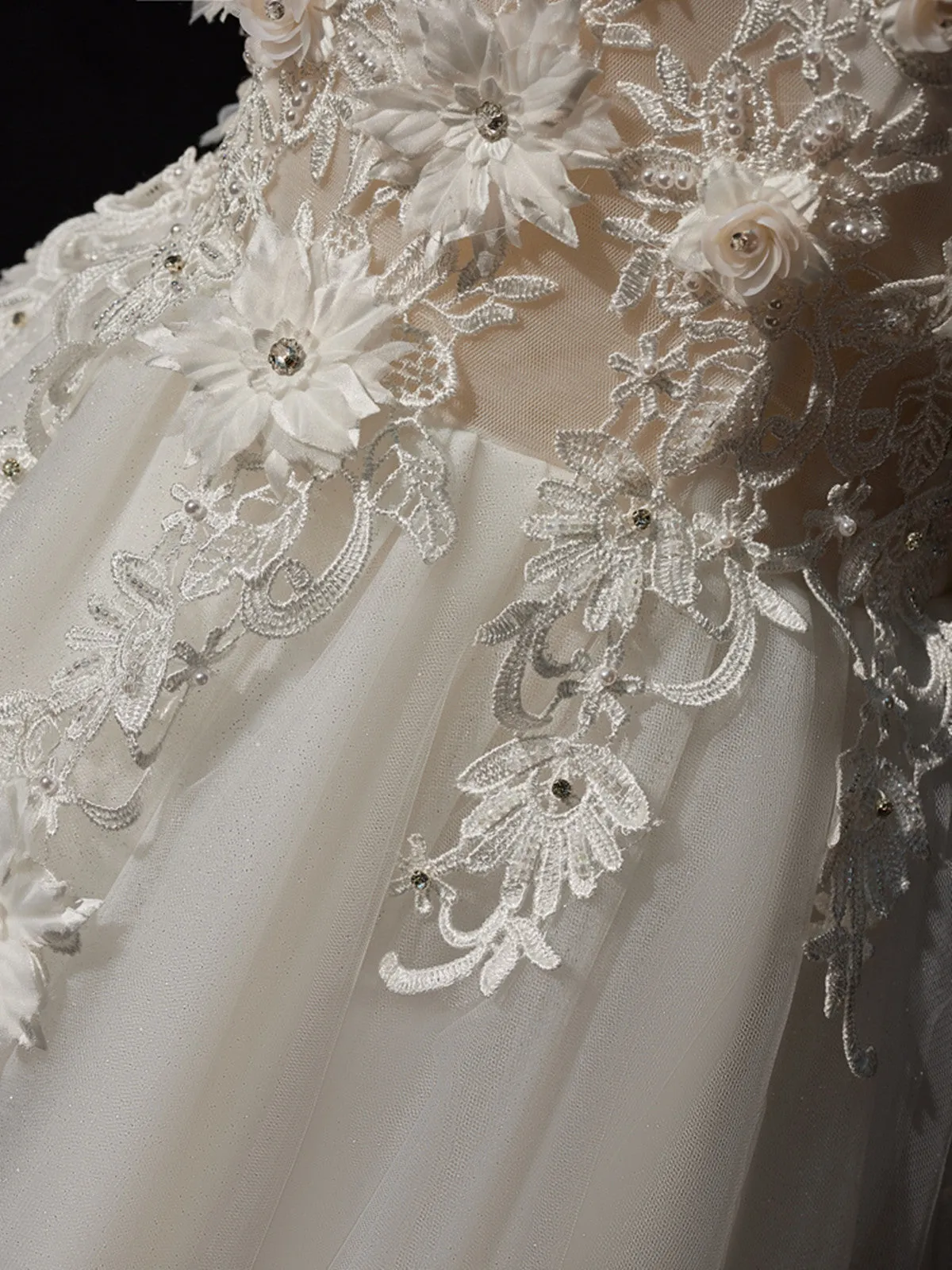 White Tulle with Lace Off Shoulder Long Wedding Party Dress, White Long Prom Dress