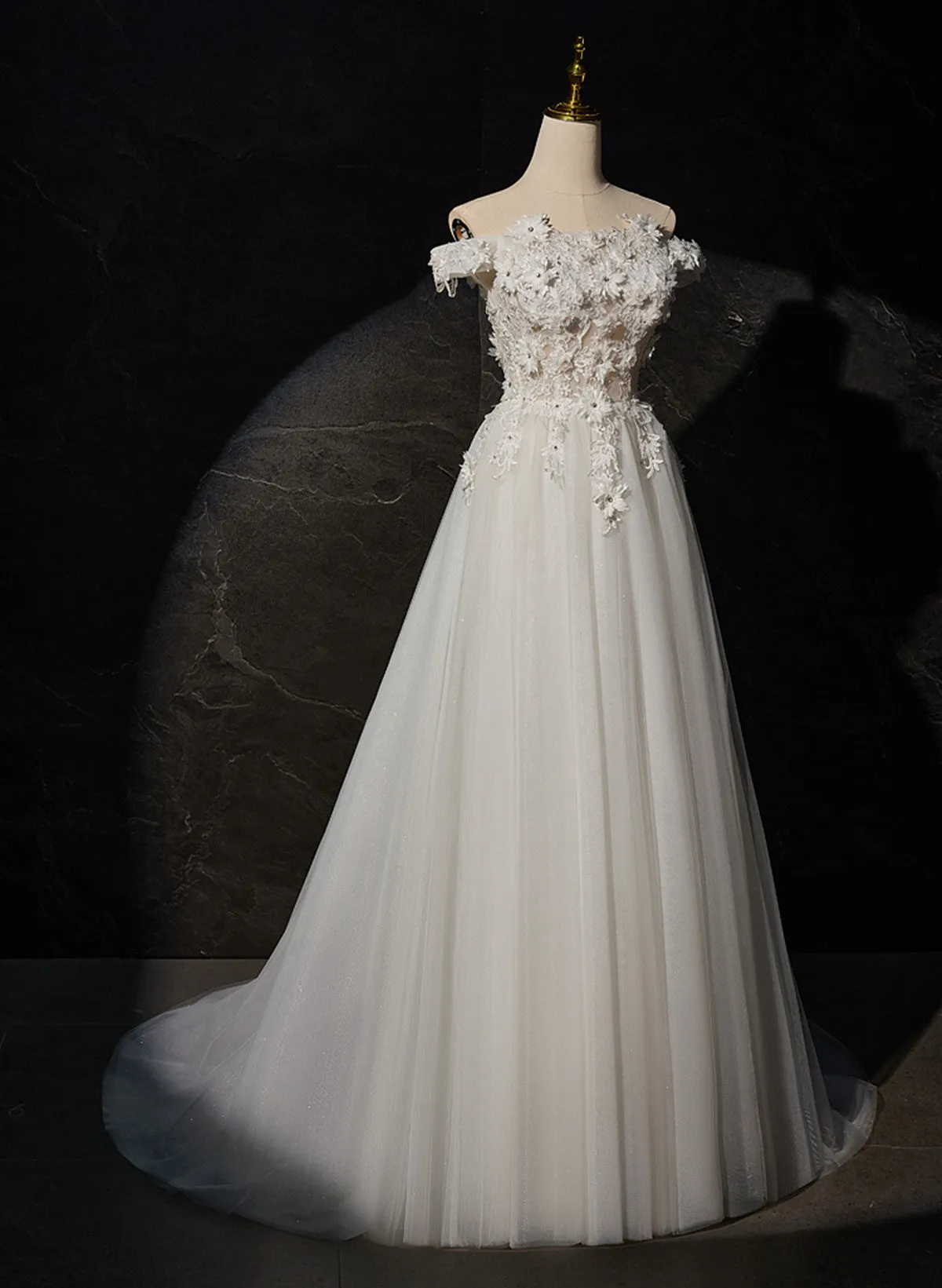 White Tulle with Lace Off Shoulder Long Wedding Party Dress, White Long Prom Dress