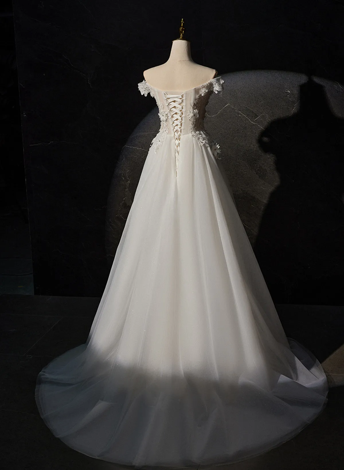 White Tulle with Lace Off Shoulder Long Wedding Party Dress, White Long Prom Dress